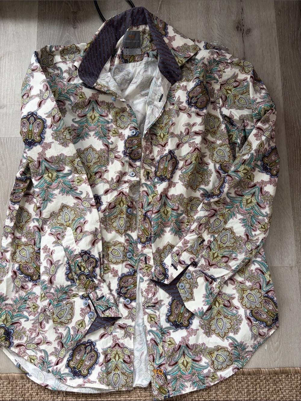 Thomas Dean Paisley Button-Up Shirt in Cream with Multicolor Print